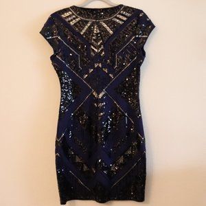 Express Blue/Black Fitted Evening Dress